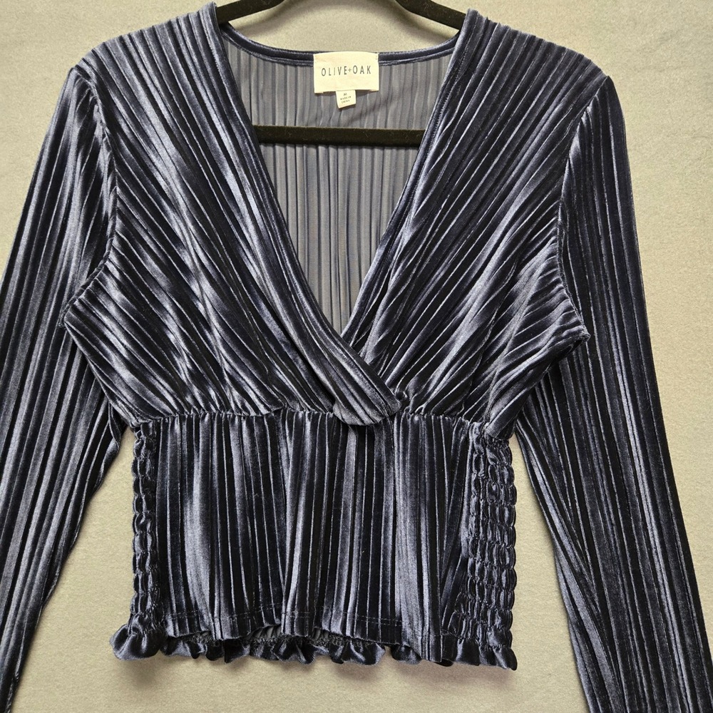 Whimsigoth Navy‎ Blue Pleated Velvet V-Neck Long Sleeve Crop Top M
